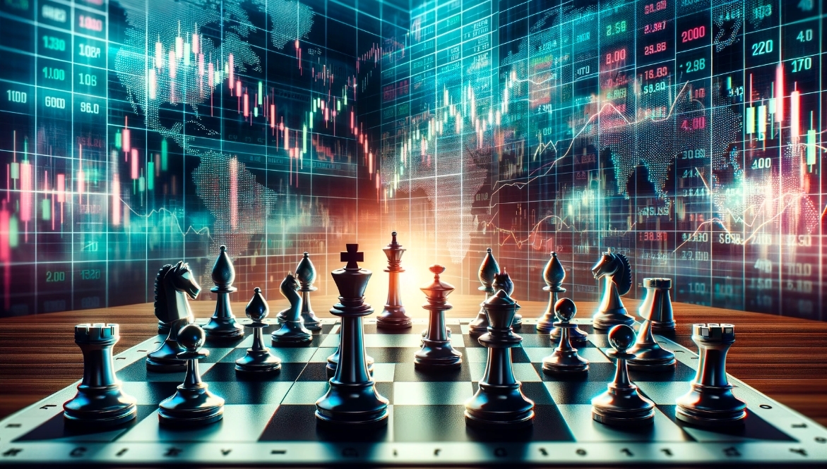 Backtesting trading strategies: A chess board with pieces strategically placed in the foreground, against a backdrop of dynamic cryptocurrency trading graphics showing fluctuating prices and trading charts