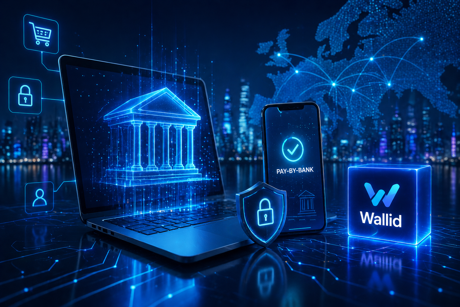 Futuristic pay-by-bank payment setup with Wallid branding, showing secure bank transfer technology for high-risk ecommerce merchants in the Netherlands