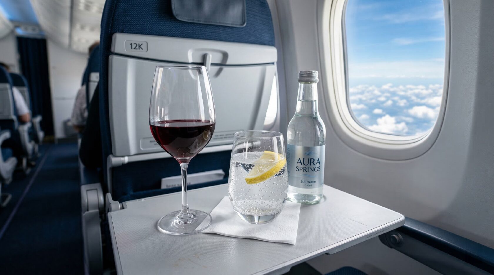 Бокал красного вина и стакан воды на столике в самолете на фоне облаков за иллюминатором — символ умеренности в полете.