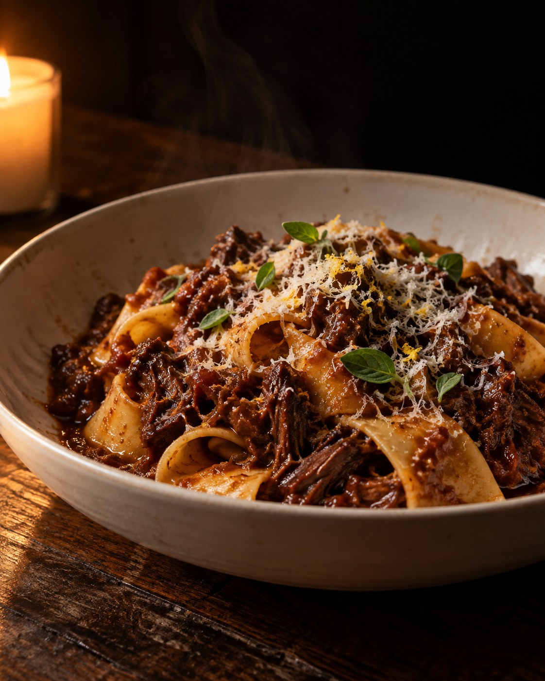 Pappardelle tossed with slow-braised oxtail ragù, grated pecorino and lemon zest in a wide bowl, by Miami private chef Marina Staver