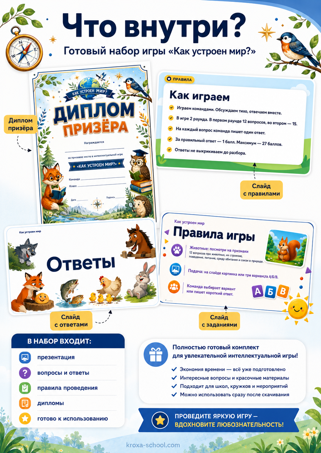 Состав комплекта Как устроен мир. Животные: бланки, лист жюри или диплом