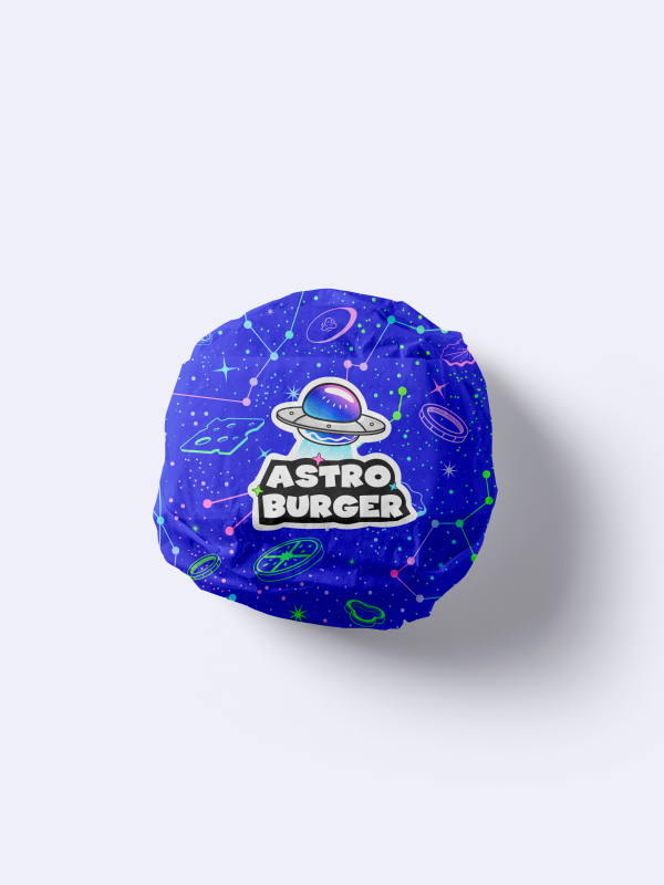 Брендинг для бургерной Astro Burger: логотип, фирменный стиль, упаковка, космическая стилистика