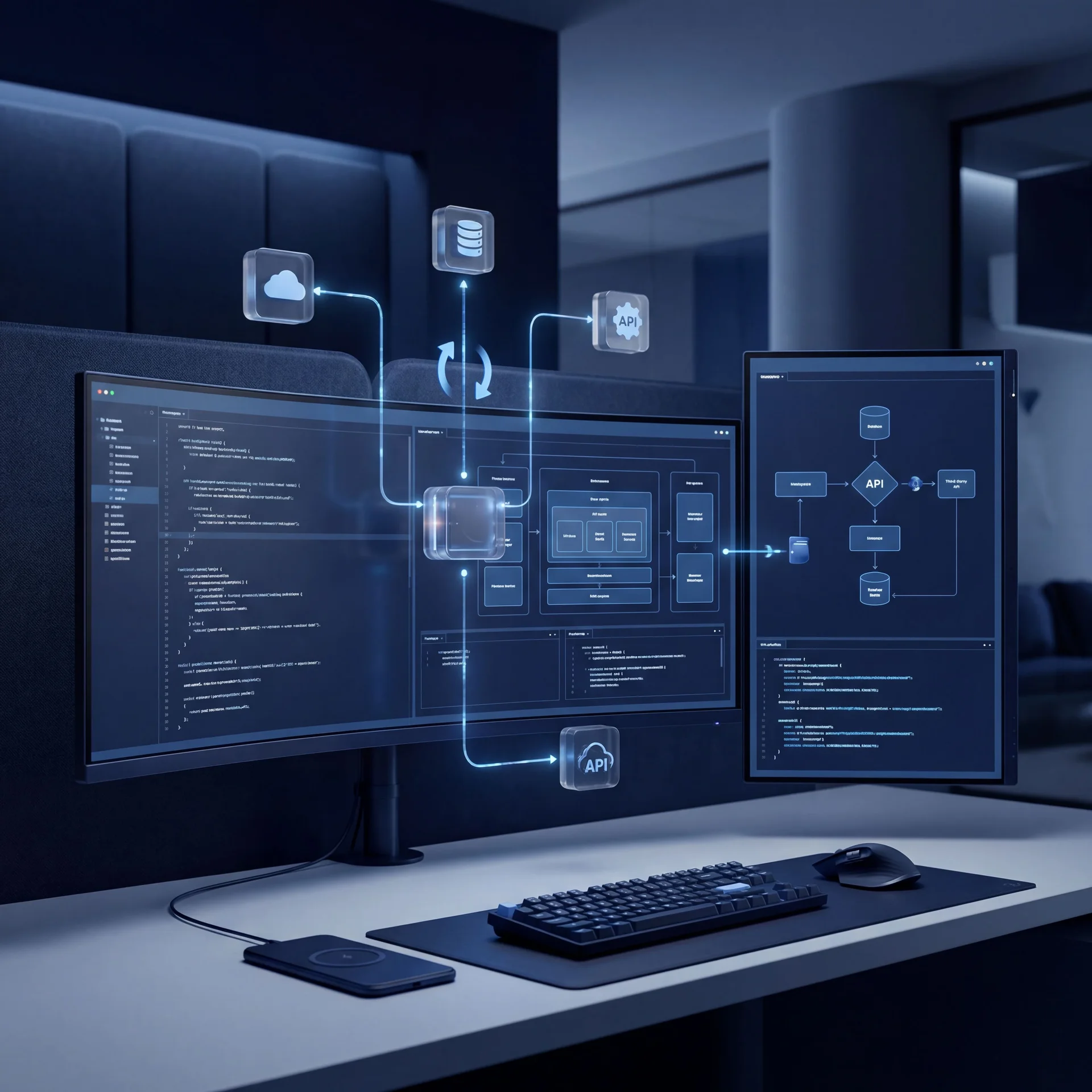 Веб-разработка: написание кода, проектирование API и интеграция сервисов на мониторах