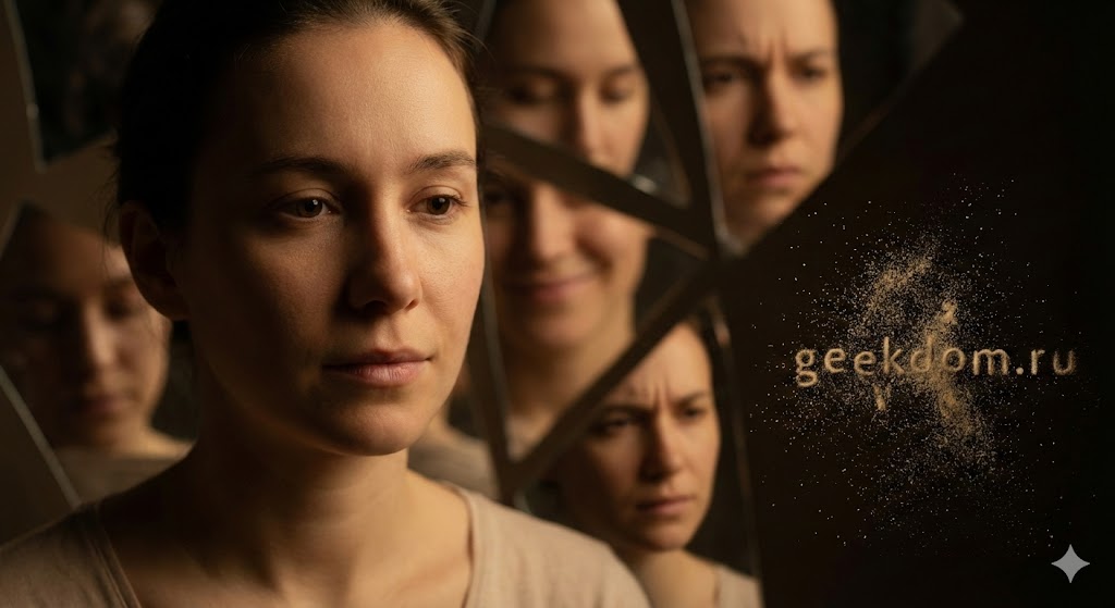 Концептуальный портрет человека с фрагментарными отражениями в зеркале к Дню раздвоения личности.