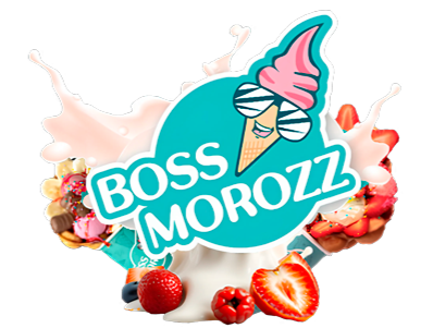 Логотип бренда мороженого Boss Morozz на фоне сливок и фруктов