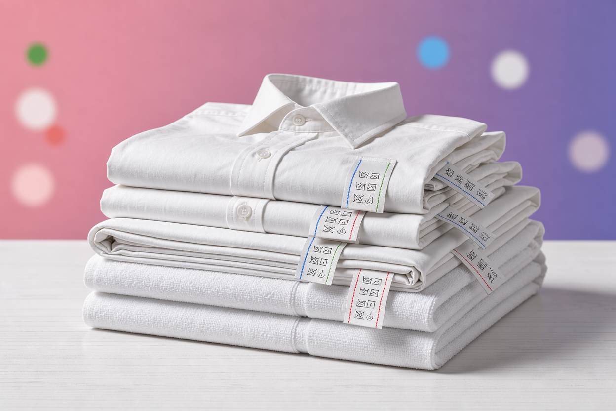 Pile of neatly folded white laundry on a wooden surface (shirts, towels, sheets) with visible care labels, no brands or cleaning products