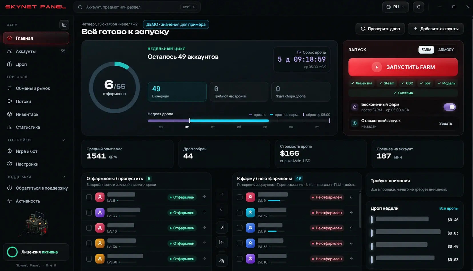 Локальная панель SkyNet Panel: цикл аккаунтов, очередь и блок запуска FARM; демонстрационные данные