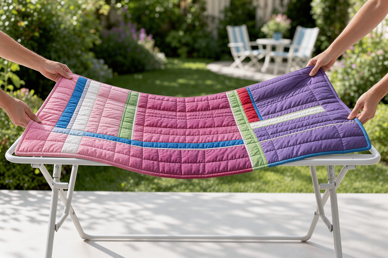 A quilt spread flat on a drying rack outdoors in the shade, being gently shaken to restore the filling