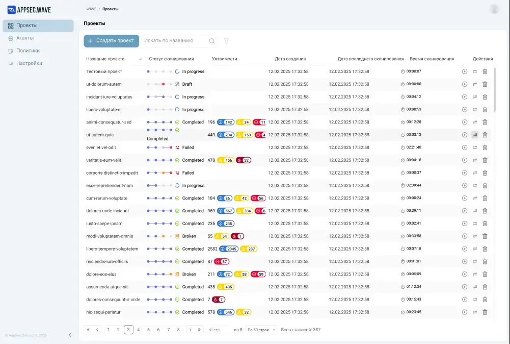 AppSec.Wave — список проектов и уязвимостей