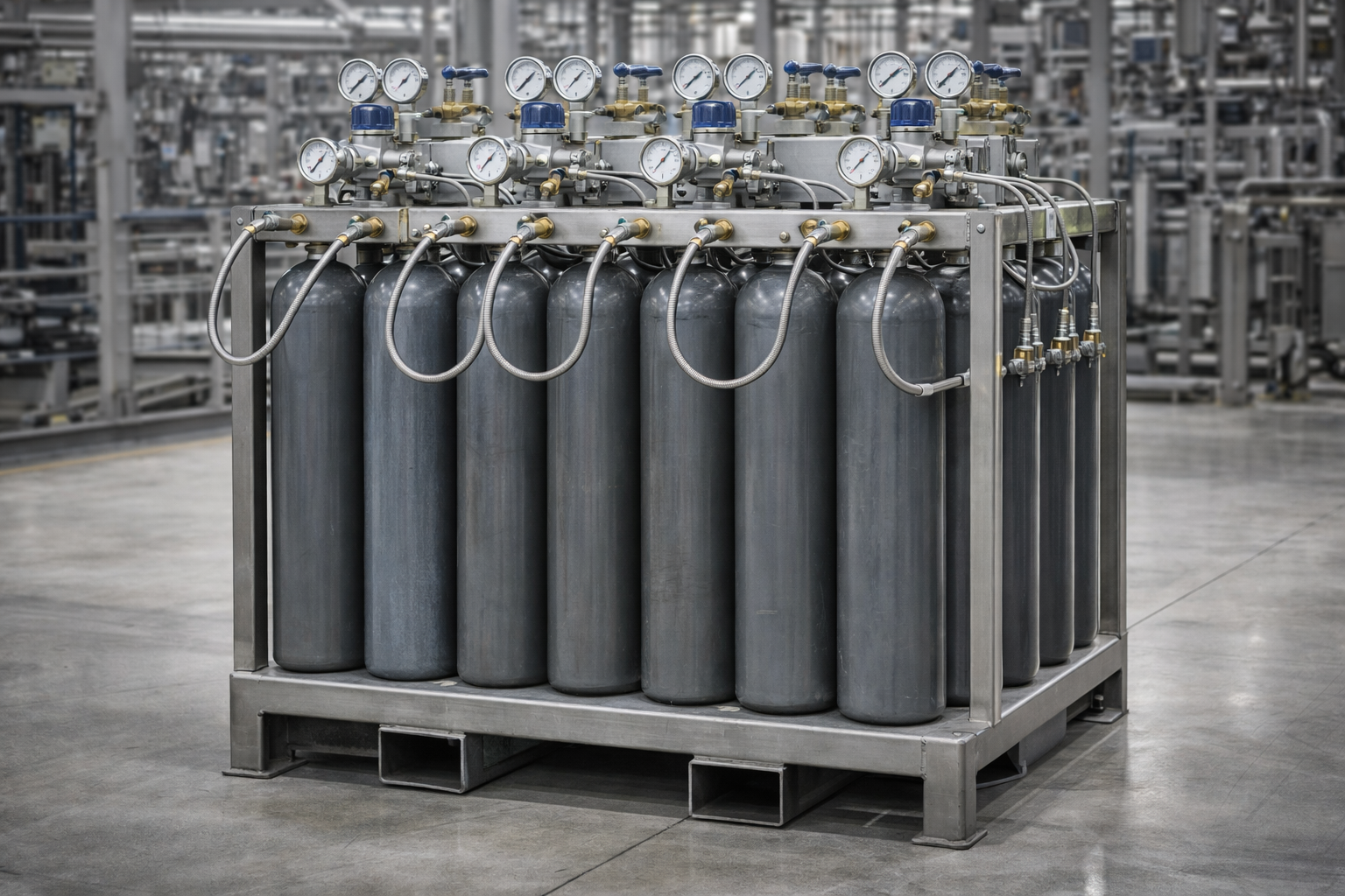 Промышленный газовый моноблок на 12 баллонов на стальной раме — МБГ для технических газов на производстве