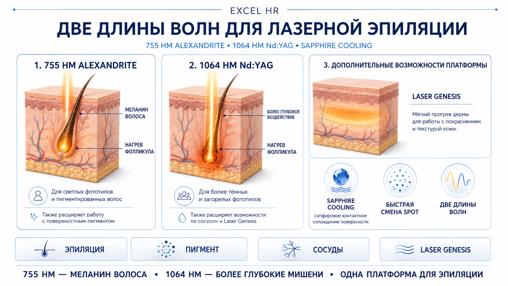 Excel HR: Alexandrite 755 нм, Nd:YAG 1064 нм и Sapphire Cooling