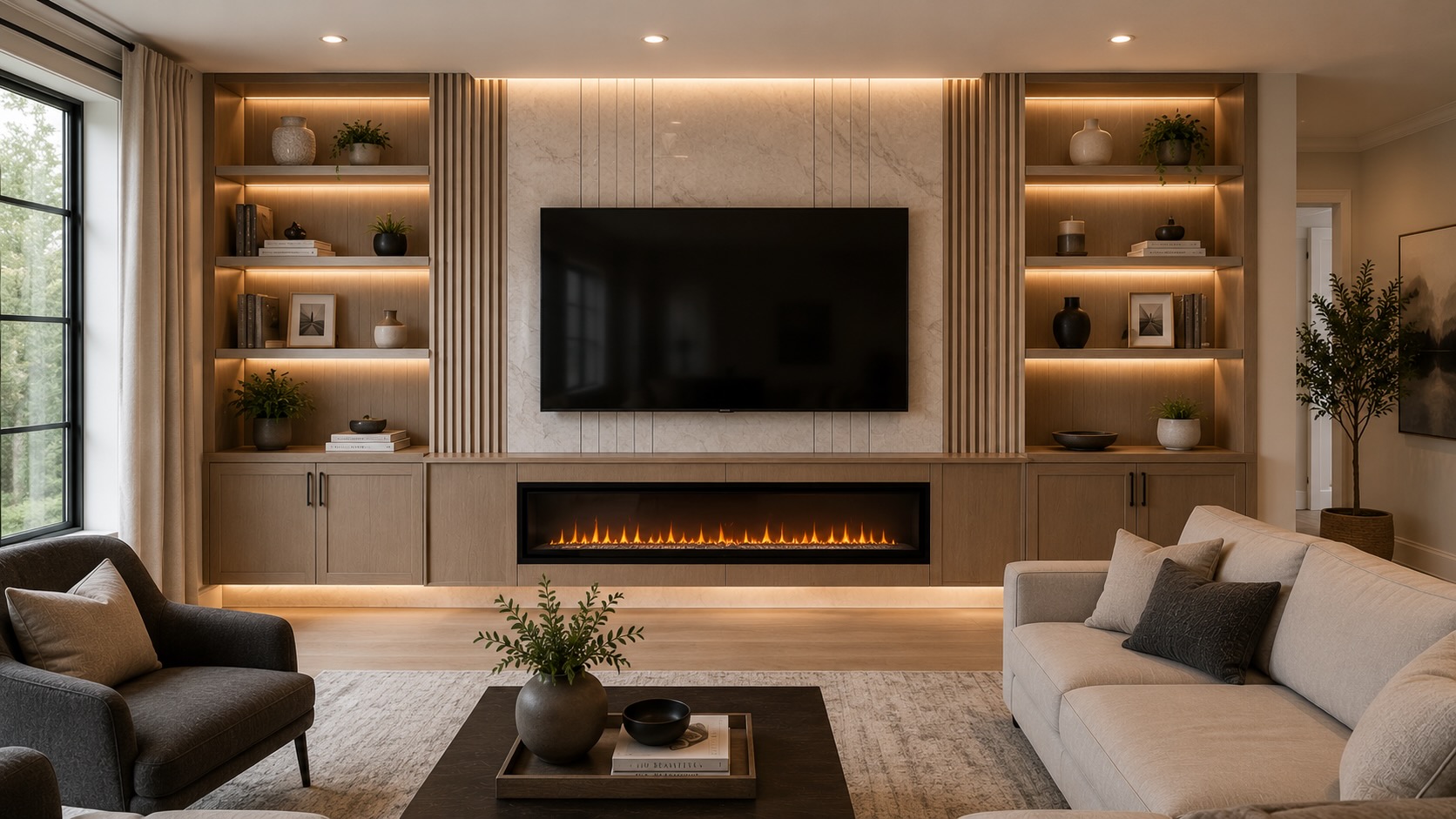 Custom media wall and fireplace feature wall in a modern Charlotte living room featuring a linear electric fireplace, floating cabinetry, white oak shelving, architectural wall panels, and integrated LED lighting.
