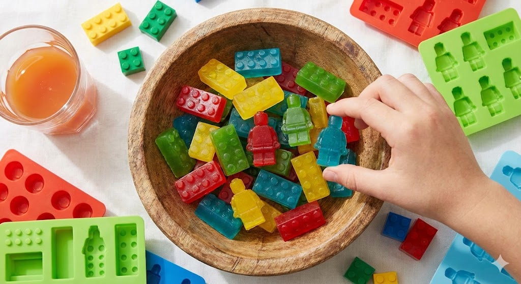 Вид сверху на деревянную миску, наполненную разноцветным домашним жевательным мармеладом в форме кирпичиков и минифигурок LEGO (красным, желтым, зеленым, синим). Детская рука тянется, чтобы взять синюю мармеладную фигурку. Вокруг миски на белой скатерти лежат цветные силиконовые формы для мармелада, стакан с фруктовым соком и несколько настоящих пластиковых деталей конструктора LEGO.