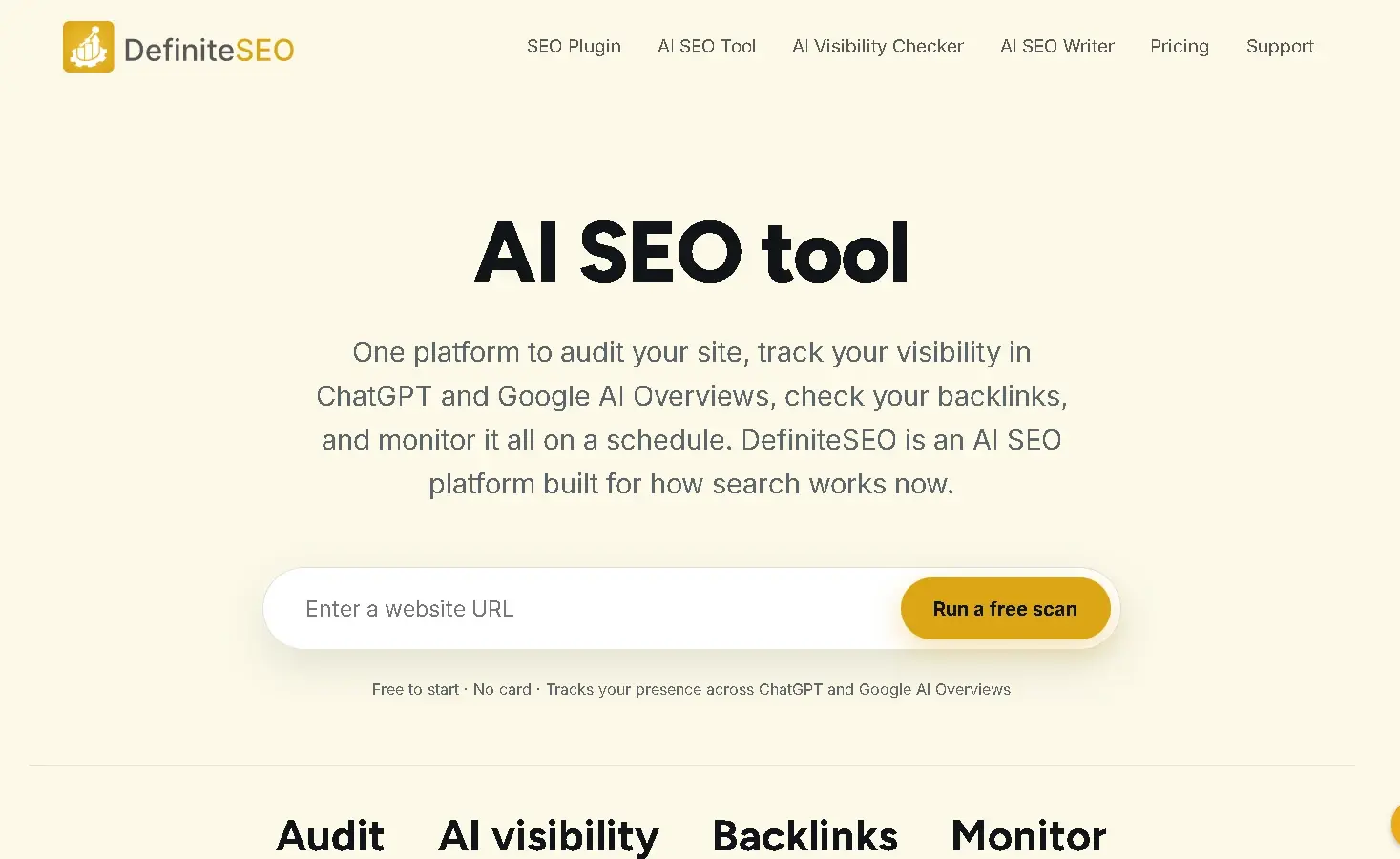 DefiniteSEO homepage, an AI SEO platform for audits and AI search visibility