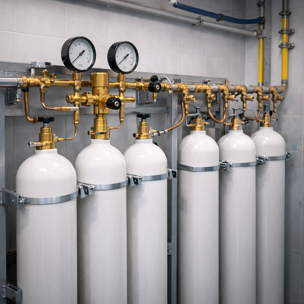 Медицинская газовая рампа с белыми баллонами, подключёнными к распределительному коллектору с редукторами и манометрами в техническом помещении больницы.