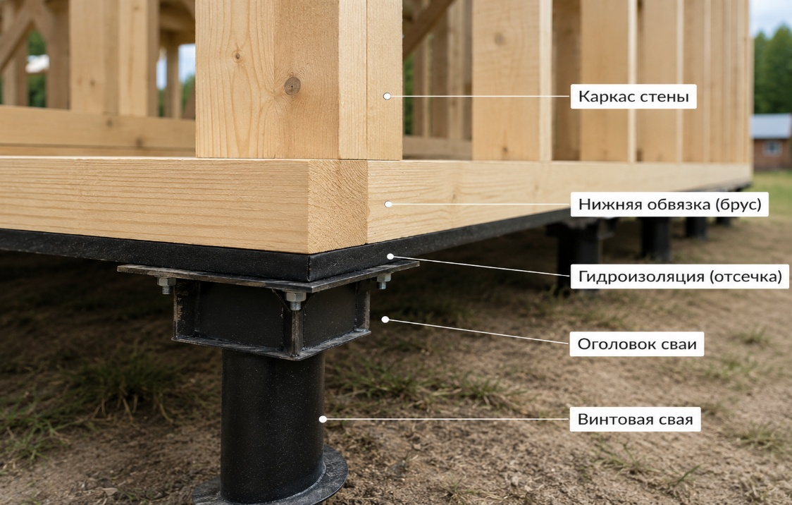 Конструкция каркасной стены: фундамент на винтовых сваях с маркировкой слоёв