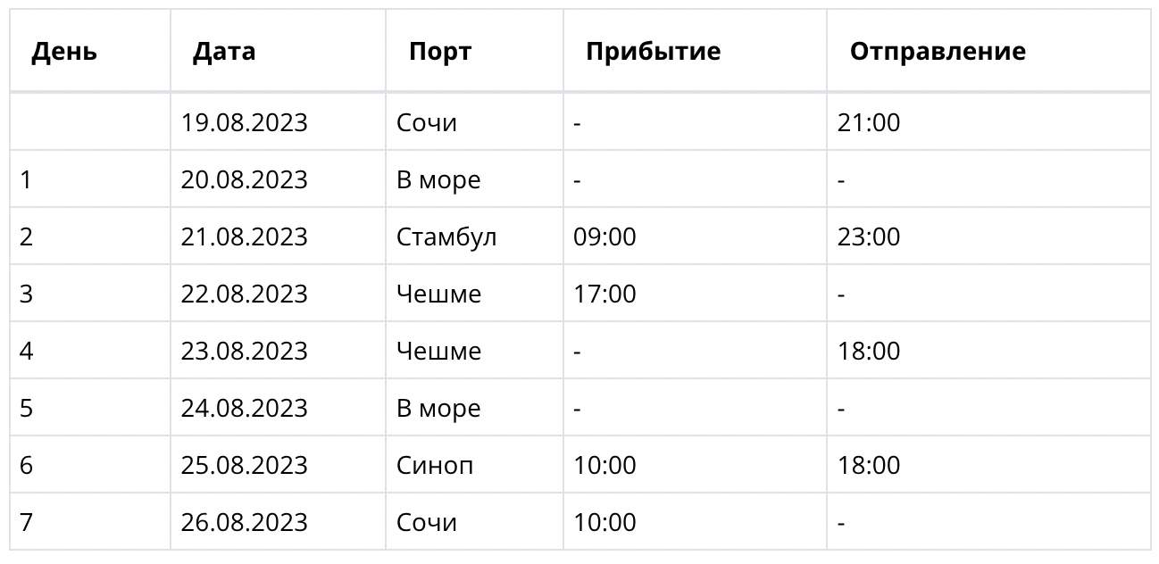 Расписание круизов на 2024 год