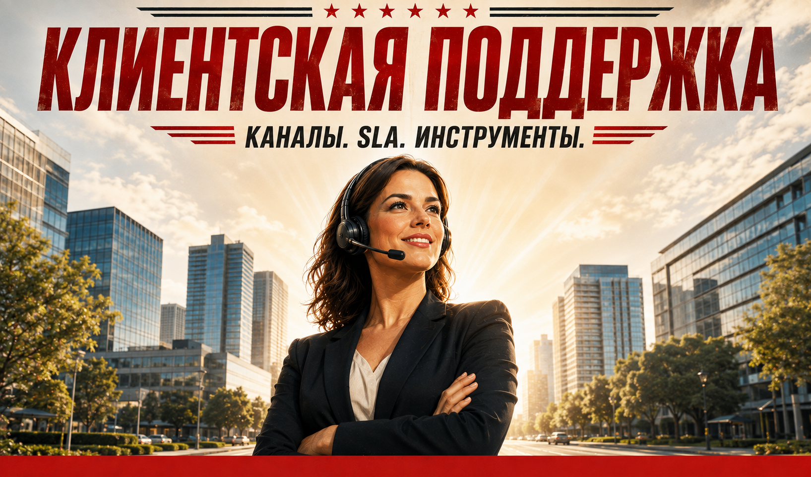 Обложка статьи в стиле киноафиши: крупный заголовок Клиентская поддержка и подзаголовок Каналы. SLA. Инструменты. на светлом фоне с солнечными лучами в центре — уверенная сотрудница поддержки интернет-магазина в гарнитуре на фоне городских небоскрёбов