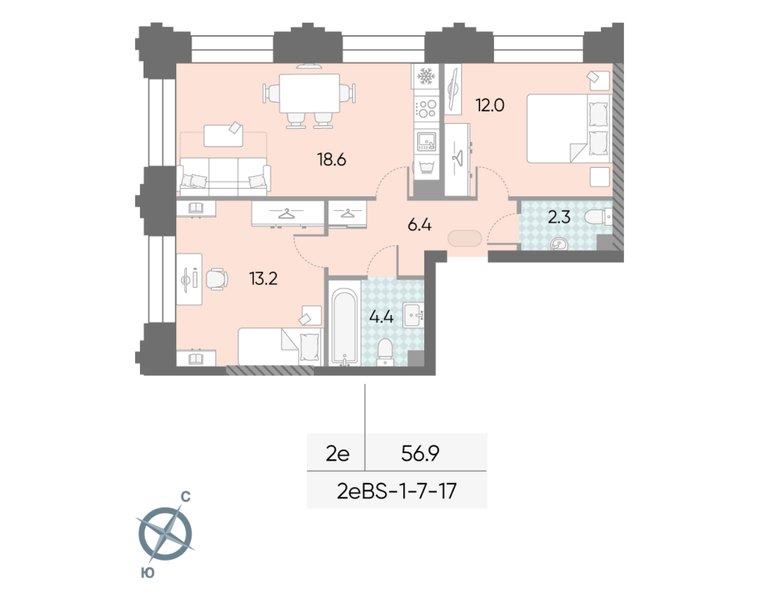Планировка 2-комнатной евроквартиры 56,9 м² в доме «СПАРК» (ЗИЛАРТ): дом 21, 7-й этаж