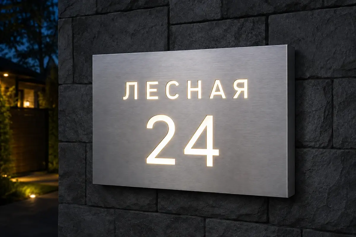 Объёмная металлическая адресная табличка ЛЕСНАЯ 24 со светящимися прорезями