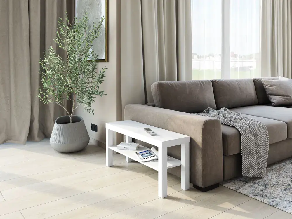 Стол ЛАЙК 90×26 в интерьере, декор белый, ракурс 2