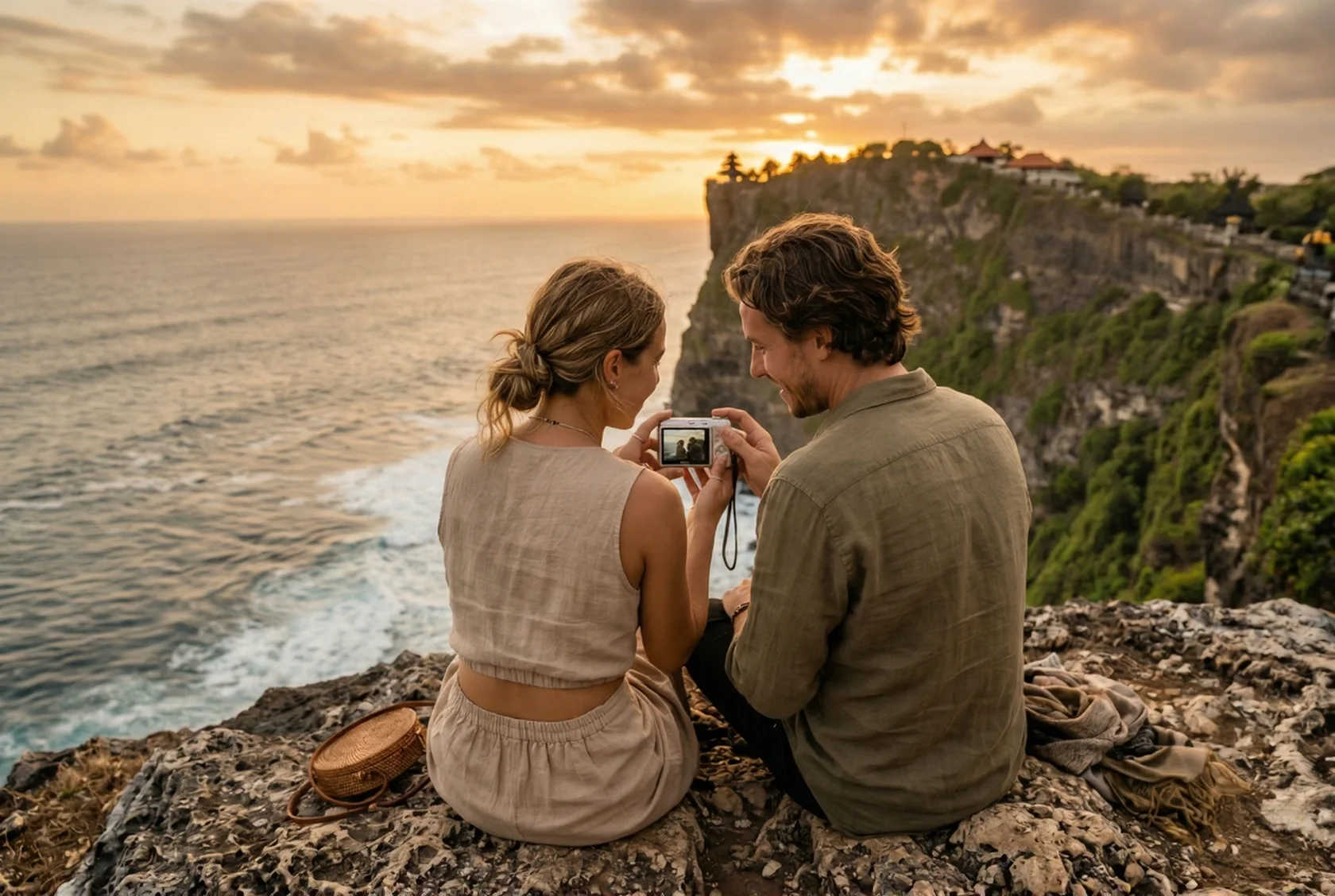 A couple reviewing photos on a vintage digital camera while sitting on a stunning cliff at sunset, capturing the magic of the best places in Bali for a first date.