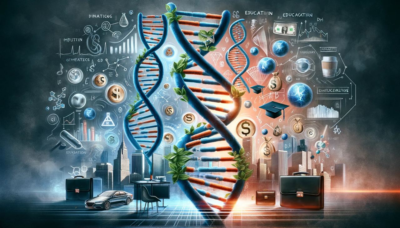 Концептуальная иллюстрация, показывающая взаимосвязь между ДНК и символами финансового успеха для статьи о генетическом определении финансового успеха.