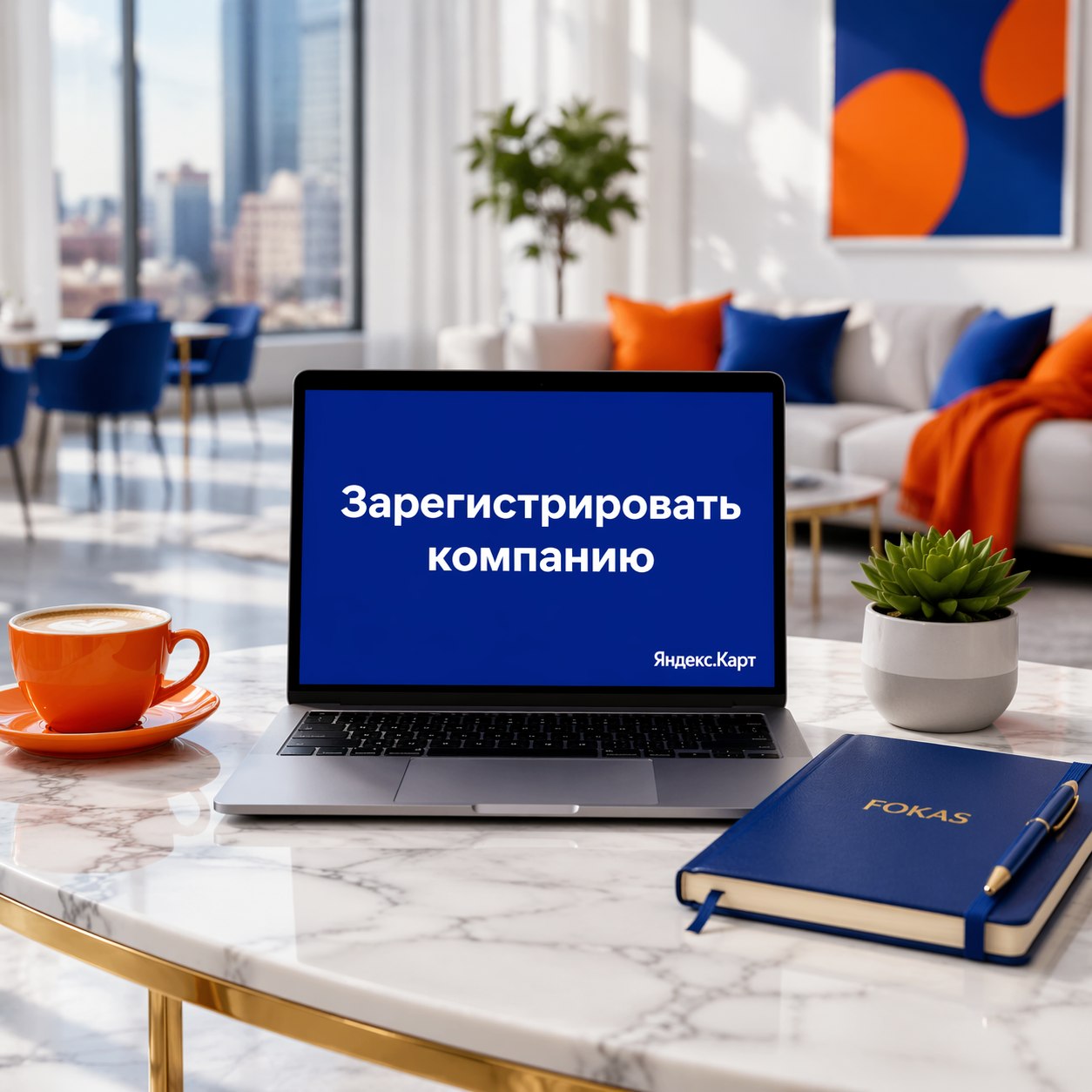 Стильный рабочий стол в современном офисе с ноутбуком, на экране которого текст «Зарегистрировать компанию» и логотип Яндекс Карт,