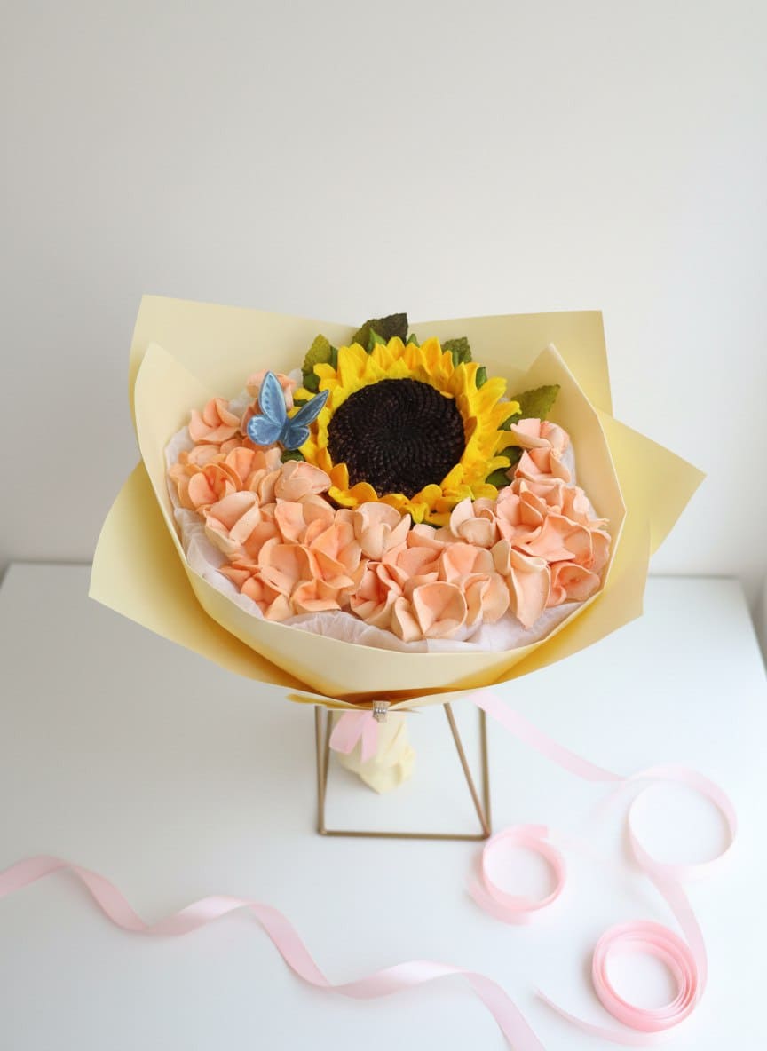 Букет с подсолнухом и гортензией из зефира 1
