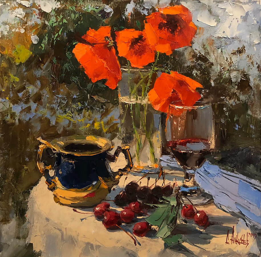 Poppies and cornelian cherry. 2019. Oil on canvas, 45x50 cm
