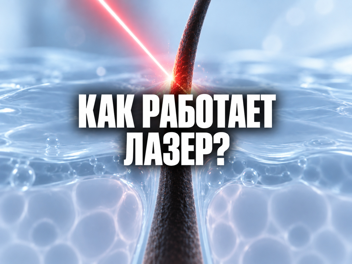 Схематичное взаимодействие лазерного импульса с волосом; по центру фраза «КАК РАБОТАЕТ ЛАЗЕР?»