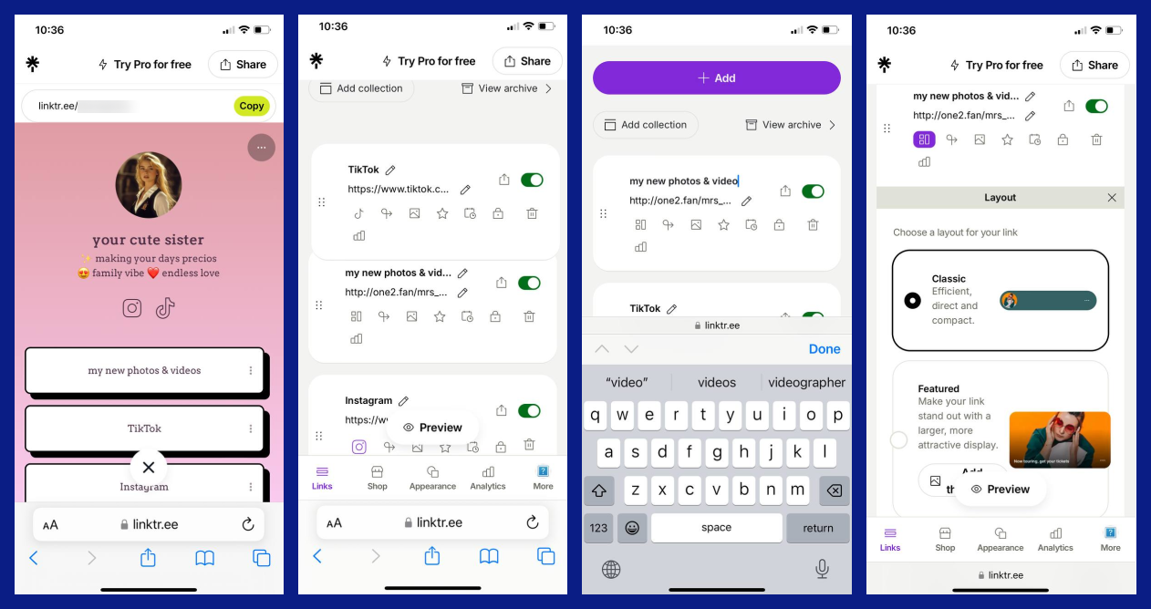 The screenshots show the process of editing of a Linktree page, described in the article