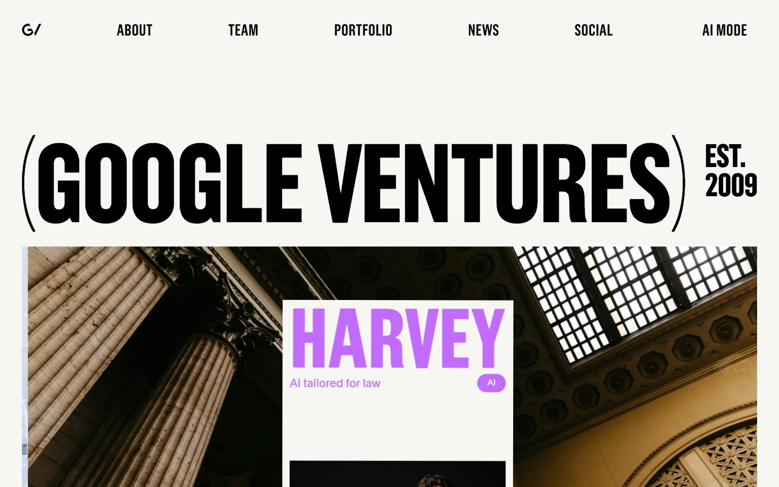 GV (Google Ventures) homepage screenshot featuring Harvey (October 2026)