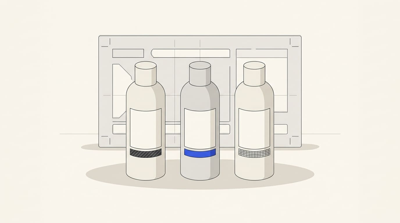 Three bottles with matching label layouts and distinct bands.