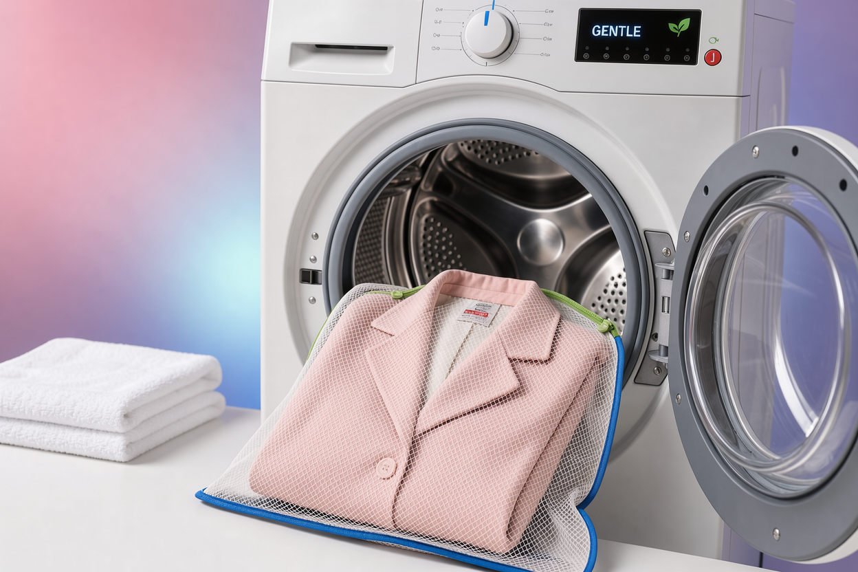 A delicate coat placed inside a washing machine drum in a mesh laundry bag, gentle cycle indicator visible, no brand logos