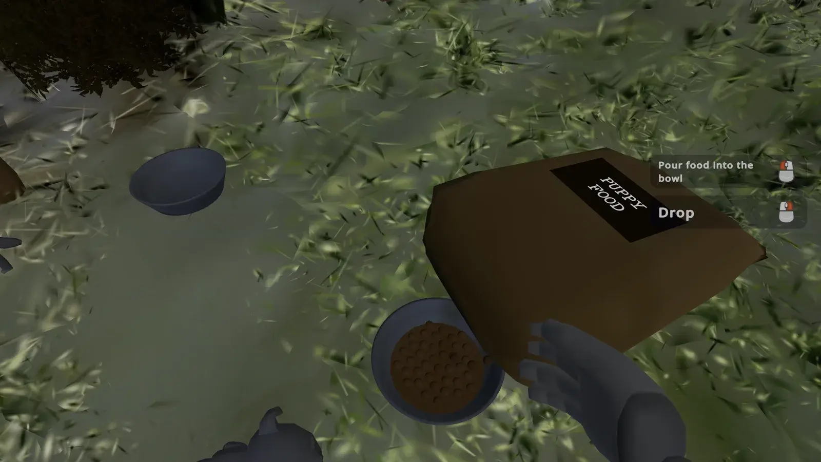 Pouring food into a bowl for the puppies in the second chapter