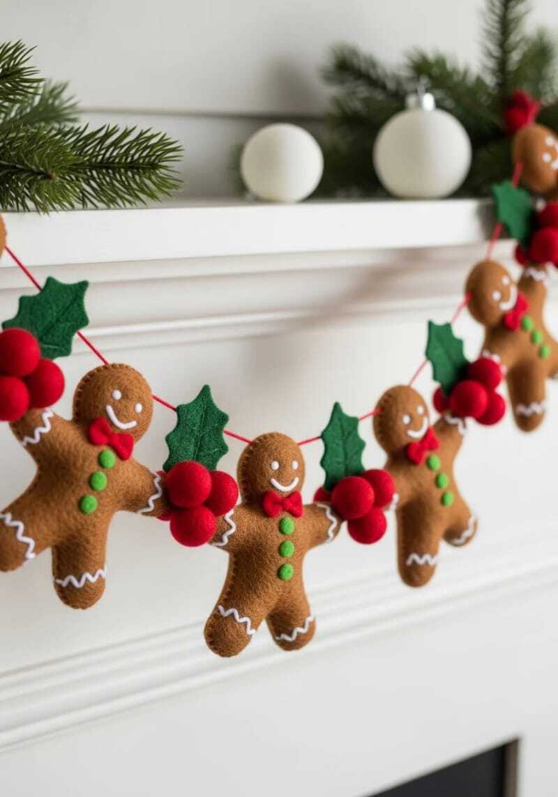 гирлянда из войлочных пряничных человечков, держащихся за руки, чередуется с ягодами падуба.