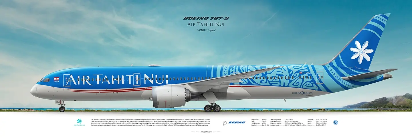 Плакат самолёт Boeing 787-9 Dreamliner Air Tahiti Nui на фоне таитянского пейзажа