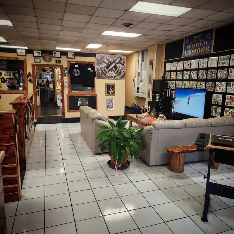 blog, Old-school Port City Tattoo interior with American traditional flash on the walls in Wilmington NC, 513