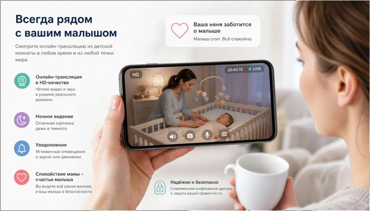  смартфон с трансляцией видеокамеры из детской комнаты, мама смотрит на экран, где видно, как няня укачивает спящего младенца в кроватке