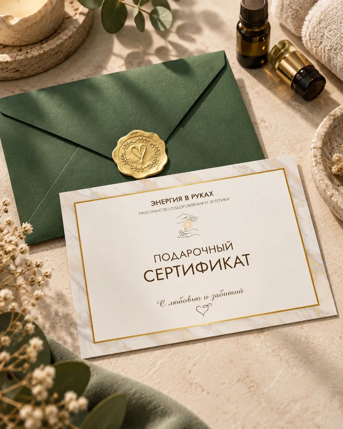 Подарочный сертификат в зелёном конверте
