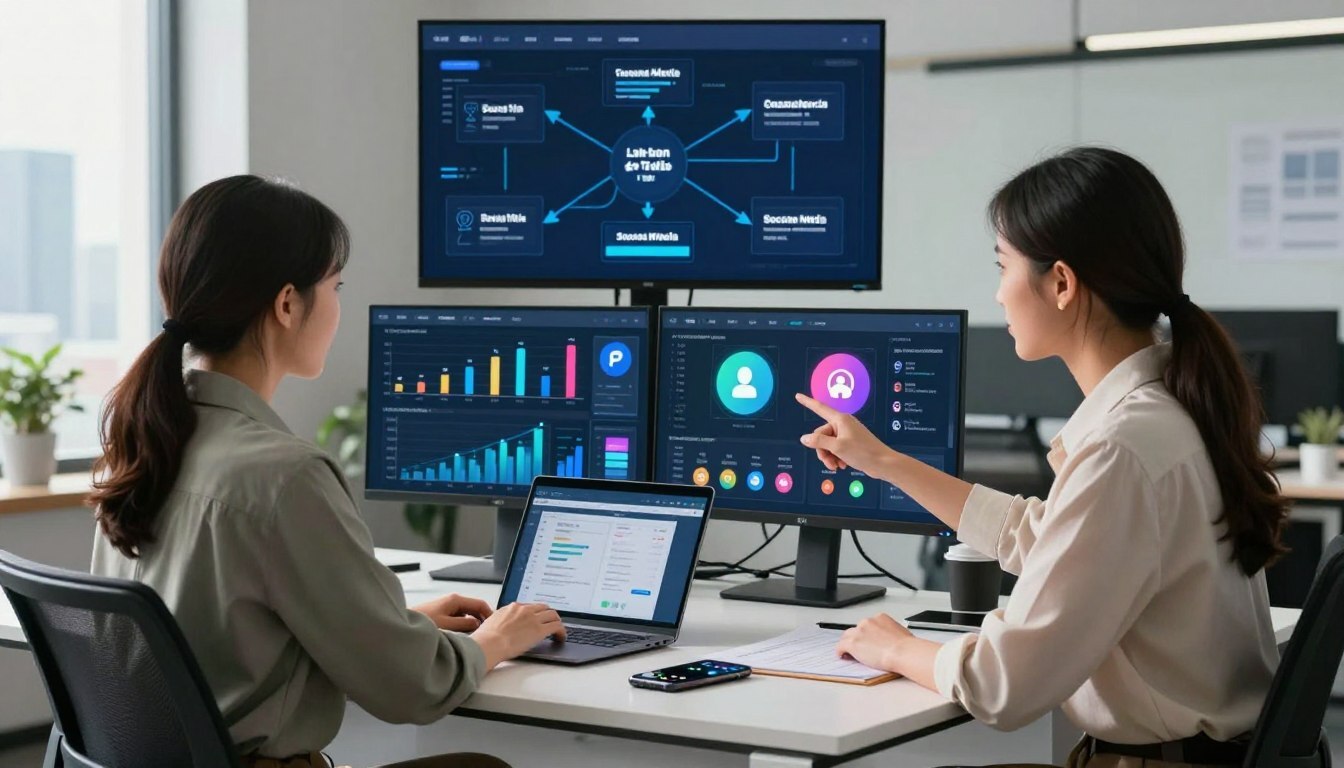 A modern digital workspace with a professional individual analyzing social media metrics on multiple screens.