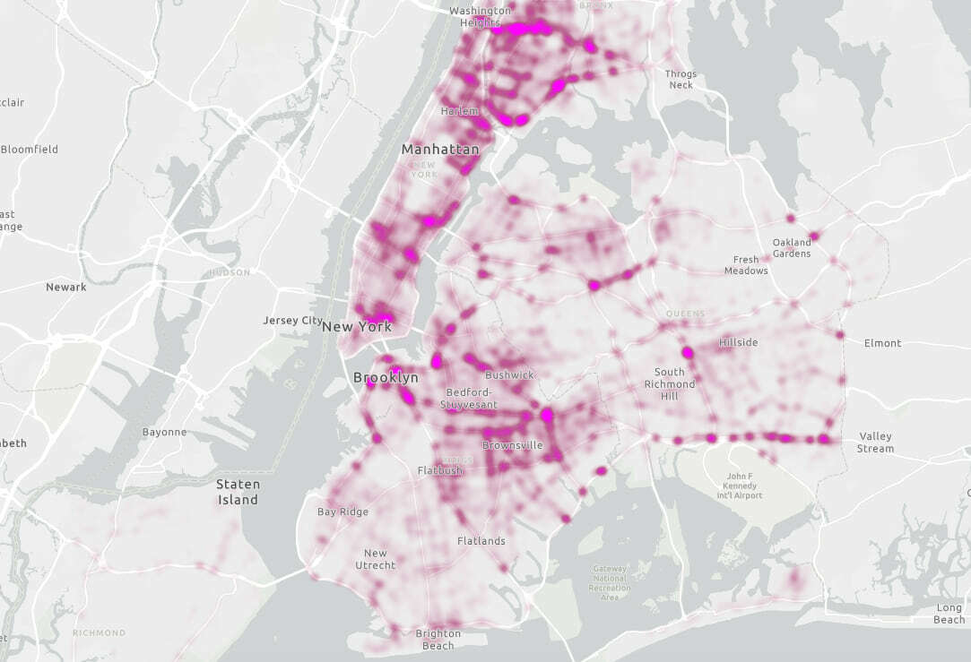 The density of motor vehicle crashes in New York City (2020) visualized as a heatmap.