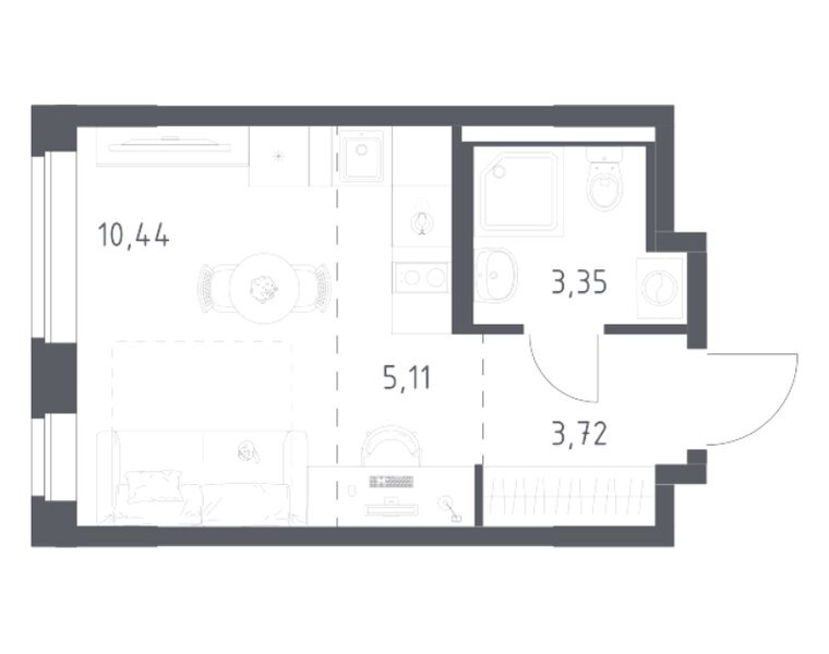 Планировка студии 22,62 м² в ЖК «Квартал Западный»: корпус 9, секция 1, 1-й этаж