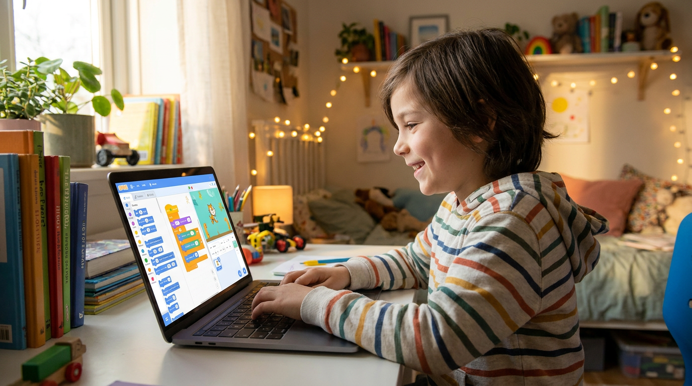 Ребенок за ноутбуком программирует игру пинг понг scratch
