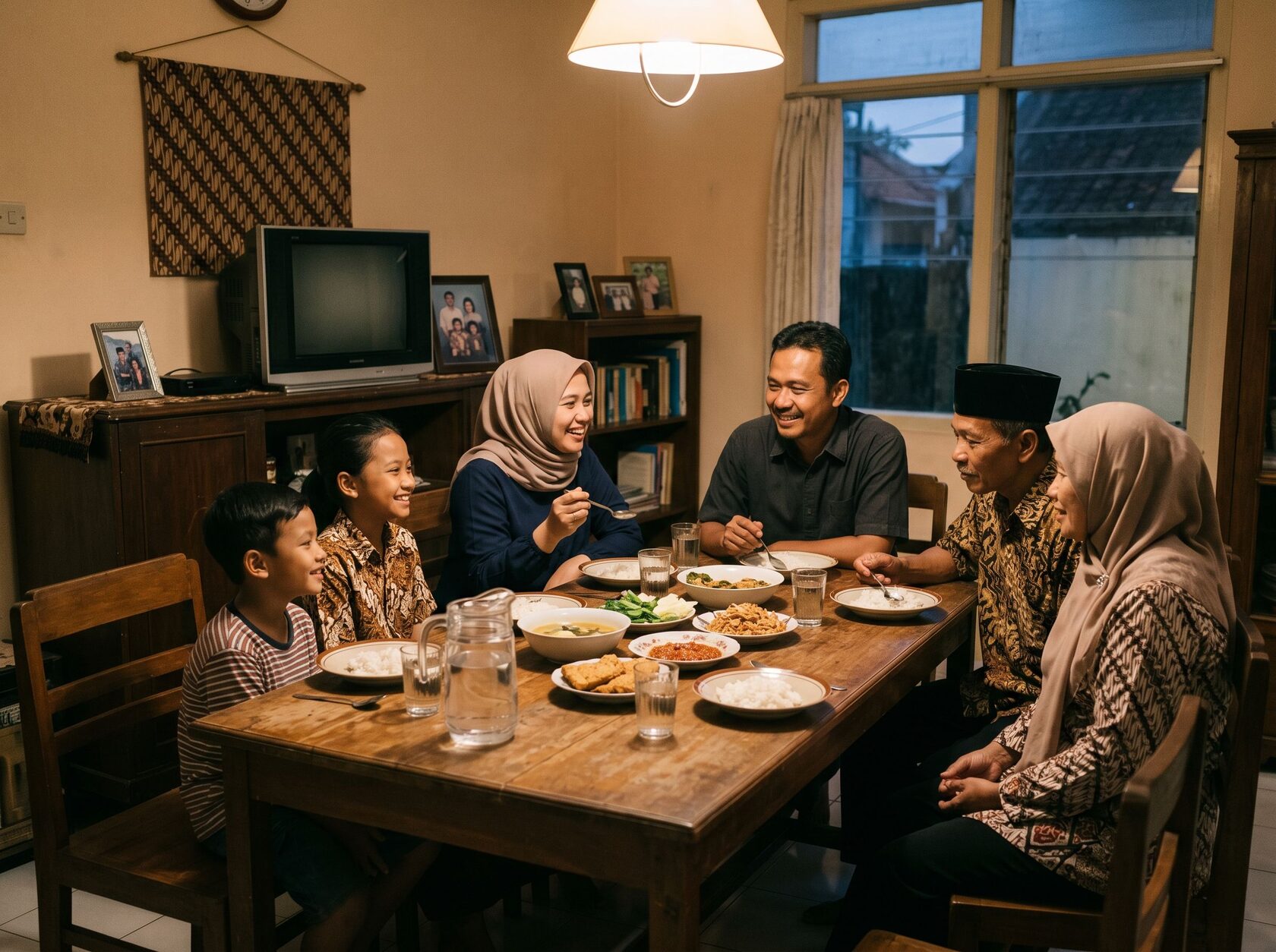 Keluarga Indonesia menikmati makan malam sederhana tanpa televisi menyala