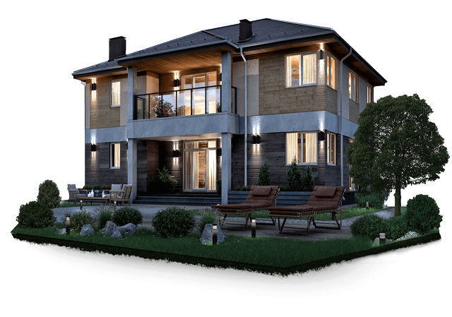 Дом с красивой фасадной подсветкой