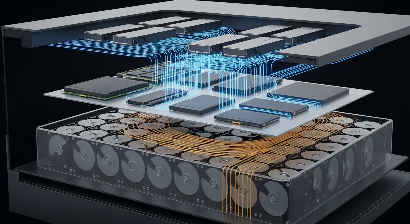 Иерархия хранилища - SSD и NVMe в верхних слоях, HDD для архива, визуализация уровней и потоков данных.