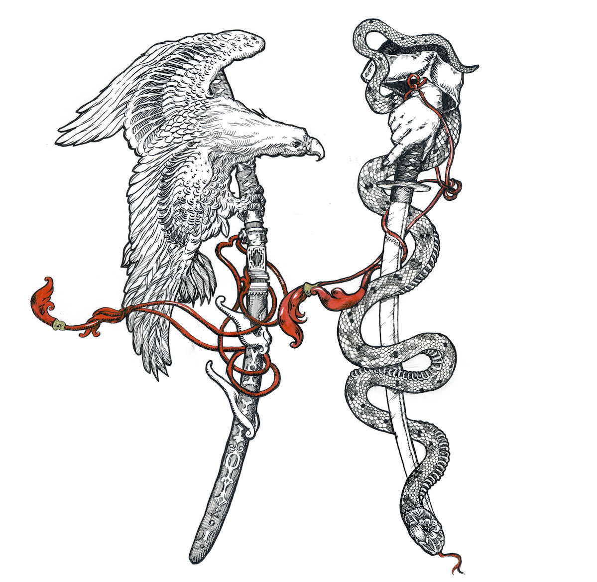 татуировка дракон с катаной