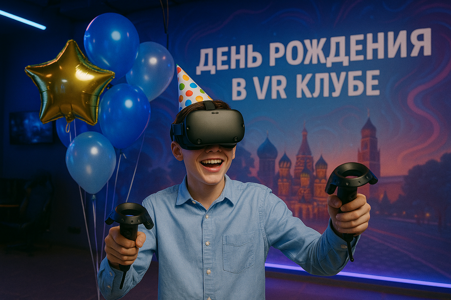 День рождения в VR клубе - именинник и гости в VR-очках празднуют в виртуальной реальности